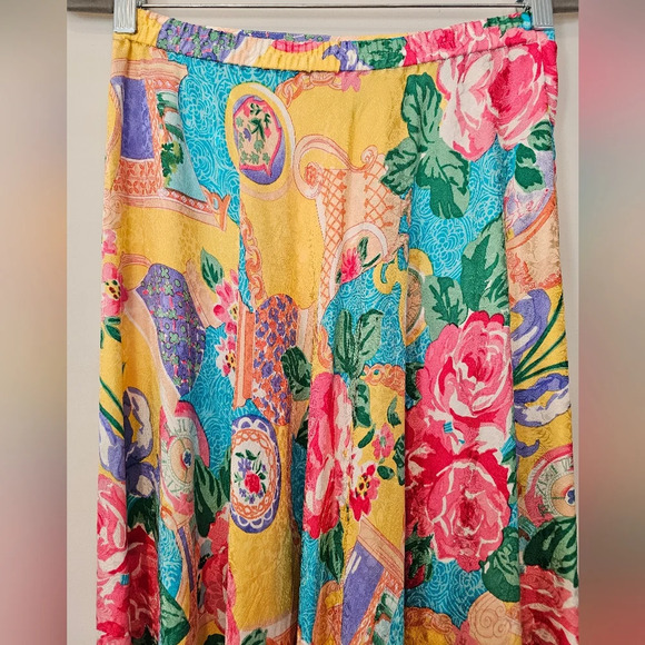 Vintage 100% Silk Made In Korea Floral Clock Print Asian Inspire Skirt Midi Maxi - Picture 4 of 11